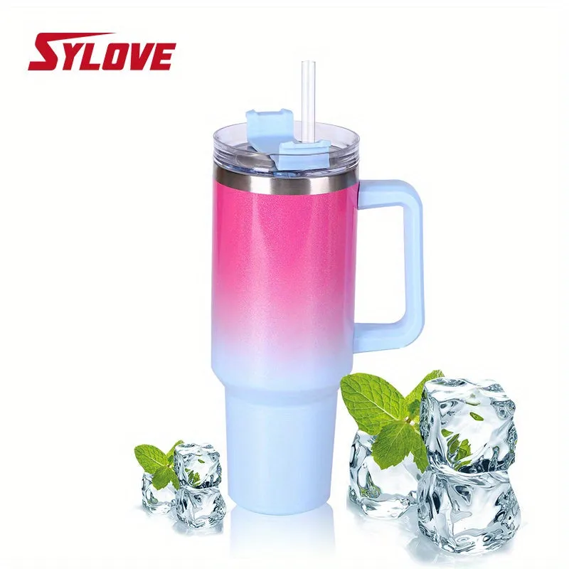 1pc Sylove 40oz Gradient Tumbler With Handle And Straw - Double-Walled Insulated Cup For Hot And Cold Drinks, Perfect For Travel And Outdoor Activities