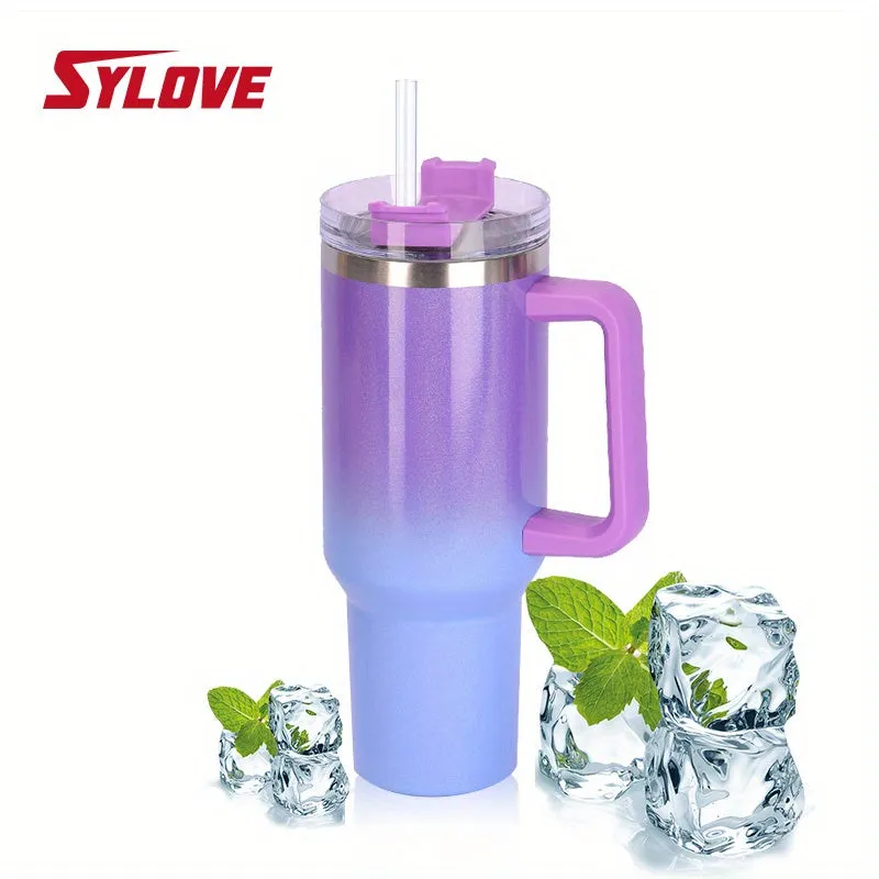 1pc Sylove 40oz Gradient Tumbler With Handle And Straw - Double-Walled Insulated Cup For Hot And Cold Drinks, Perfect For Travel And Outdoor Activities