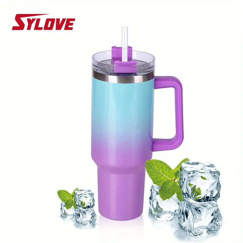 1pc Sylove 40oz Gradient Tumbler With Handle And Straw - Double-Walled Insulated Cup For Hot And Cold Drinks, Perfect For Travel And Outdoor Activities