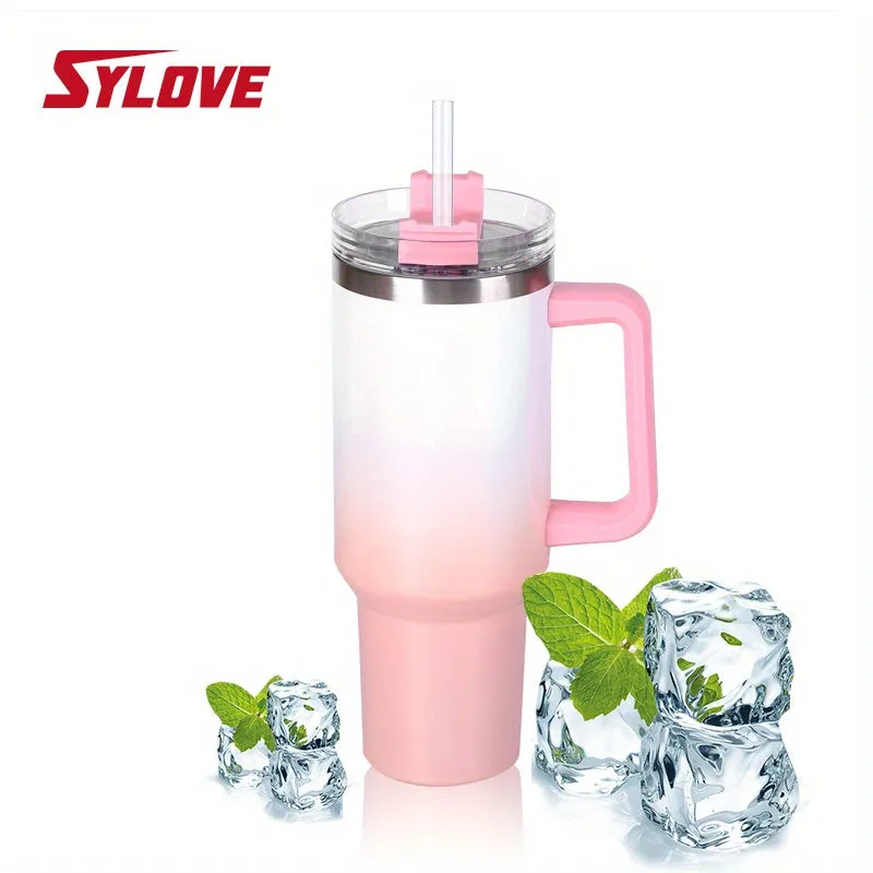 1pc Sylove 40oz Gradient Tumbler With Handle And Straw - Double-Walled Insulated Cup For Hot And Cold Drinks, Perfect For Travel And Outdoor Activities