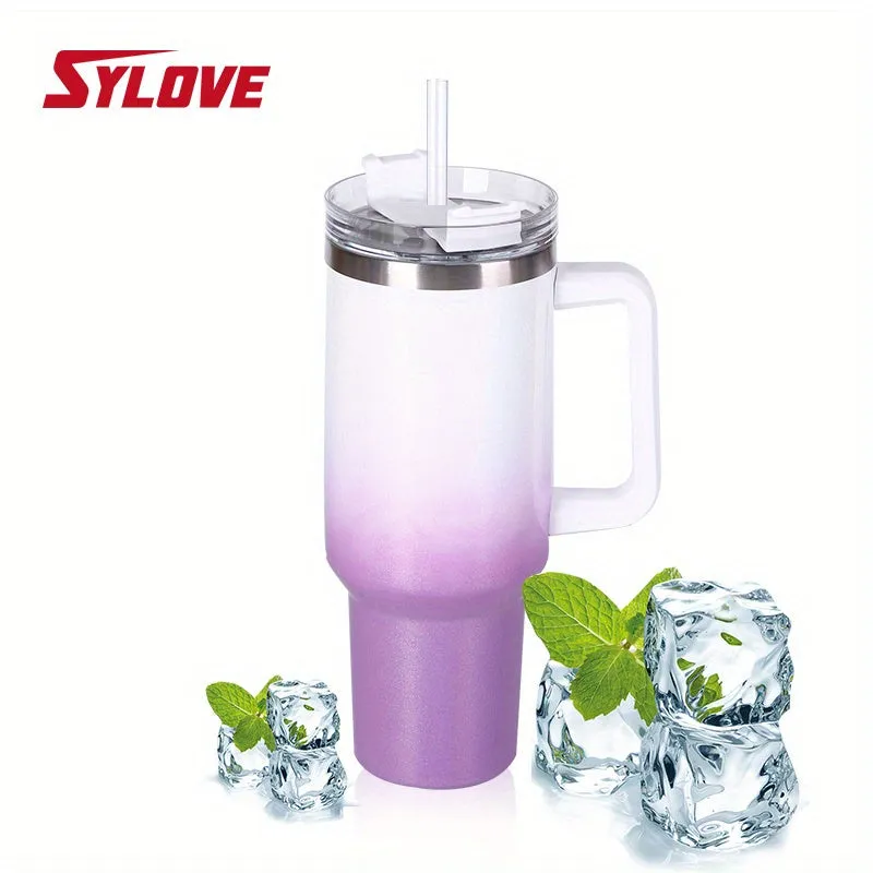 1pc Sylove 40oz Gradient Tumbler With Handle And Straw - Double-Walled Insulated Cup For Hot And Cold Drinks, Perfect For Travel And Outdoor Activities