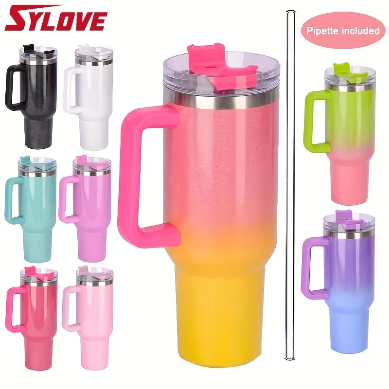 1pc Sylove 40oz Gradient Tumbler With Handle And Straw - Double-Walled Insulated Cup For Hot And Cold Drinks, Perfect For Travel And Outdoor Activities