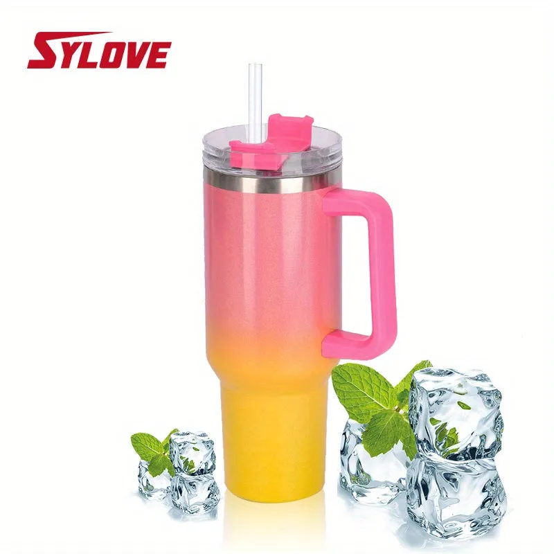 1pc Sylove 40oz Gradient Tumbler With Handle And Straw - Double-Walled Insulated Cup For Hot And Cold Drinks, Perfect For Travel And Outdoor Activities