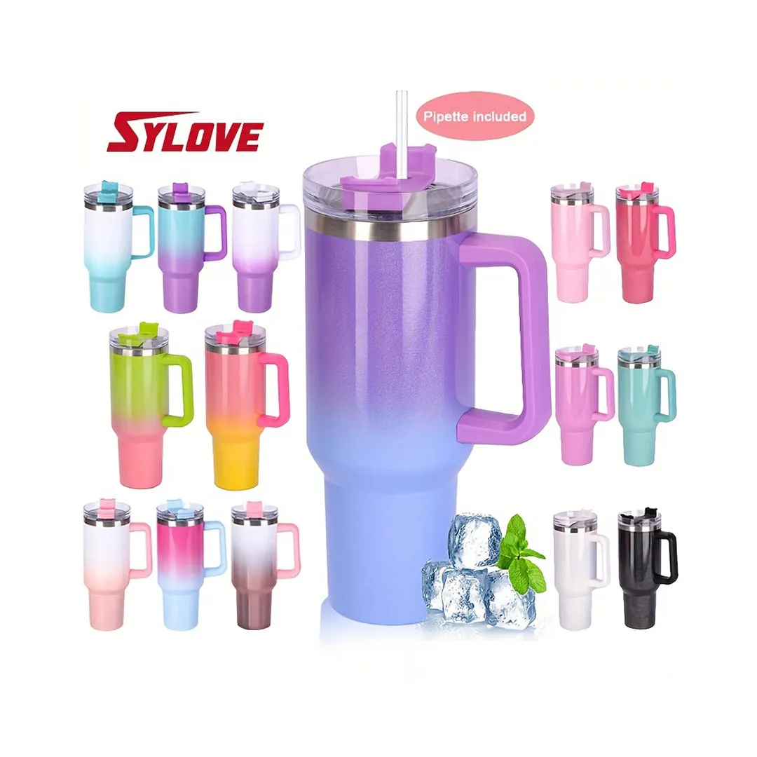 1pc Sylove 40oz Gradient Tumbler With Handle And Straw - Double-Walled Insulated Cup For Hot And Cold Drinks, Perfect For Travel And Outdoor Activities