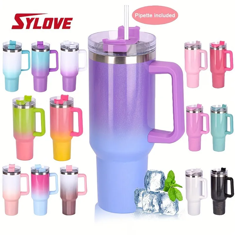 1pc Sylove 40oz Gradient Tumbler With Handle And Straw - Double-Walled Insulated Cup For Hot And Cold Drinks, Perfect For Travel And Outdoor Activities