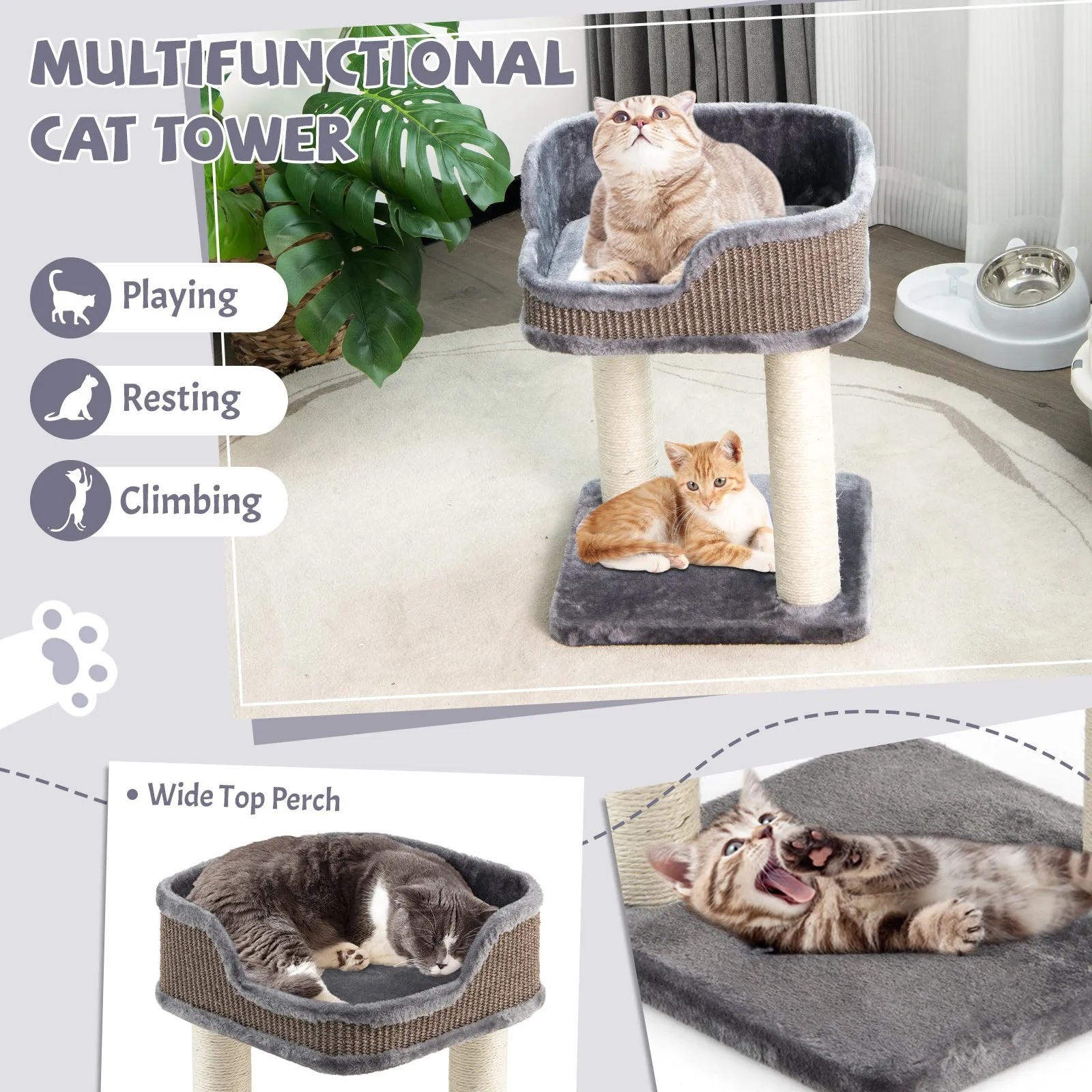 2 Levels Cat Tree with Soft Plush Perch and Scratching Posts-Grey