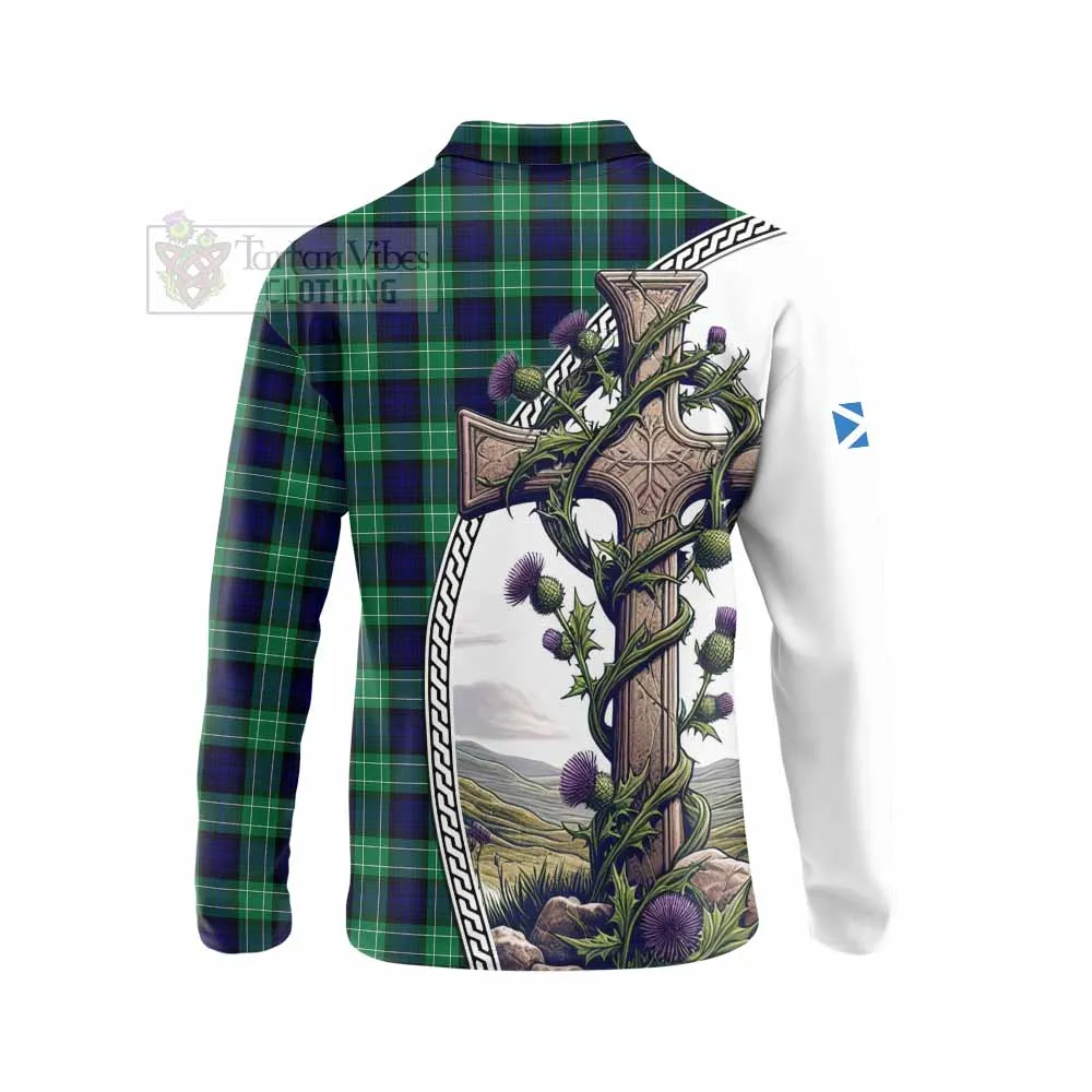 Abercrombie Tartan Long Sleeve Polo Shirt with Family Crest and St. Andrew's Cross Accented by Thistle Vines