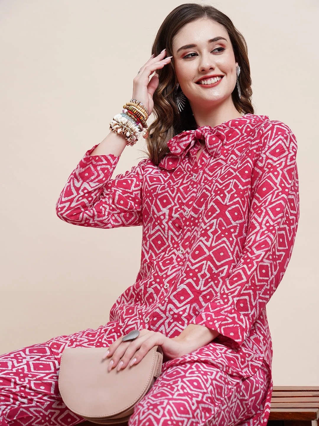 Abstract Batik Printed Asymmetric High-Low Hem Shirt with Pants Co-ord Set -Pink