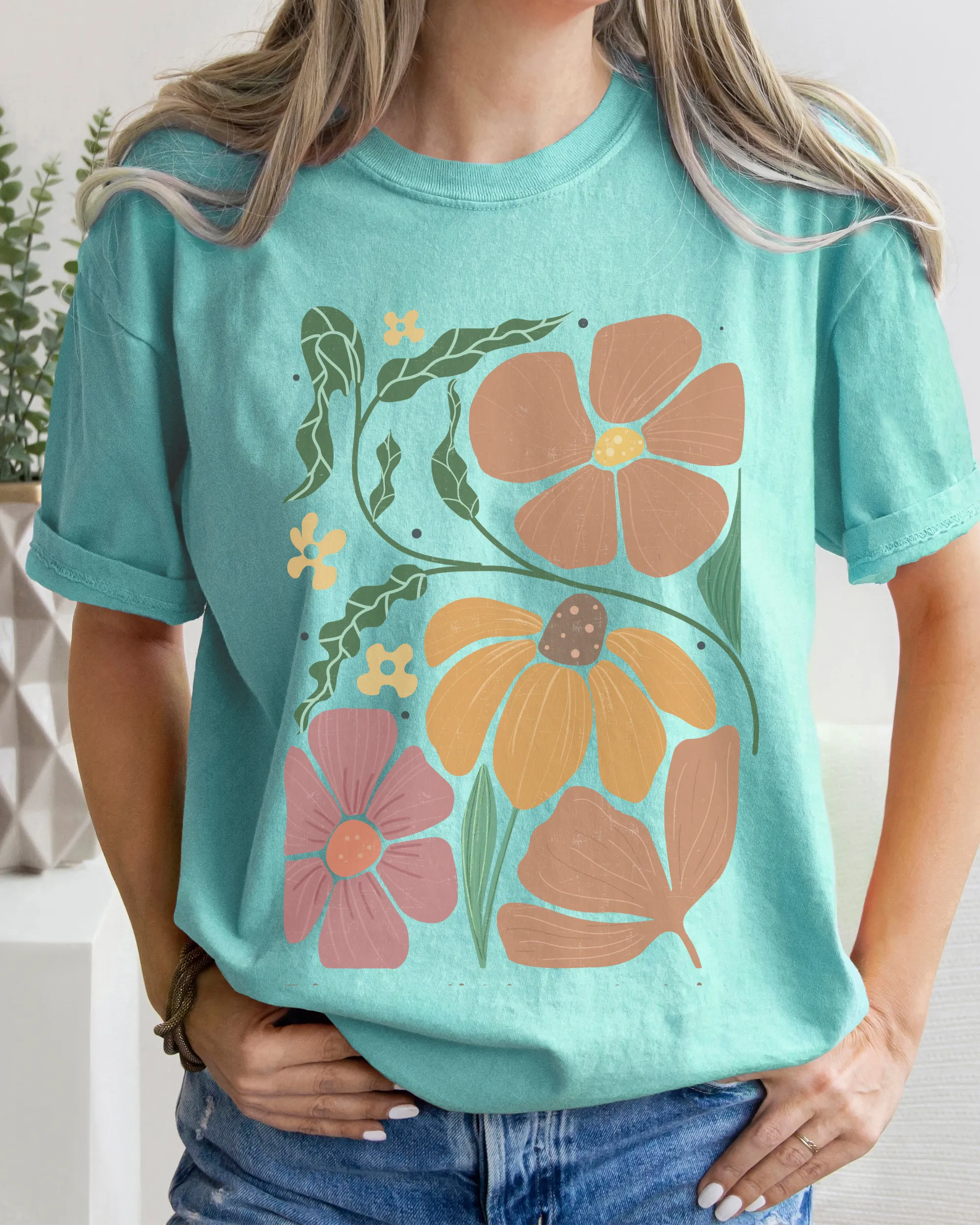 Abstract Boho Flowers Comfort Colors T-Shirt, Women's Boho Distressed-Look Design, Folk Art Design T-Shirt