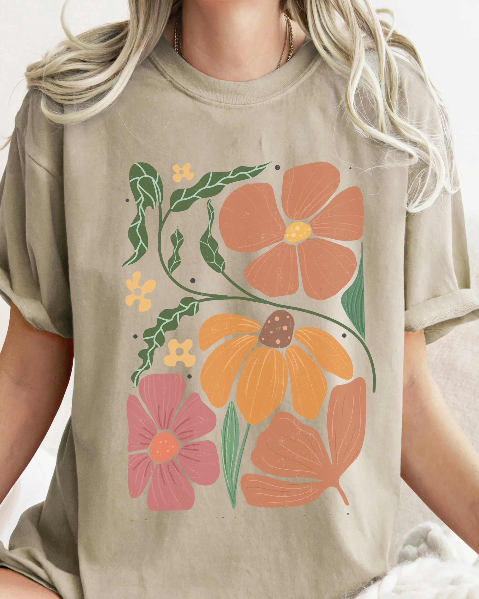 Abstract Boho Flowers Comfort Colors T-Shirt, Women's Boho Distressed-Look Design, Folk Art Design T-Shirt