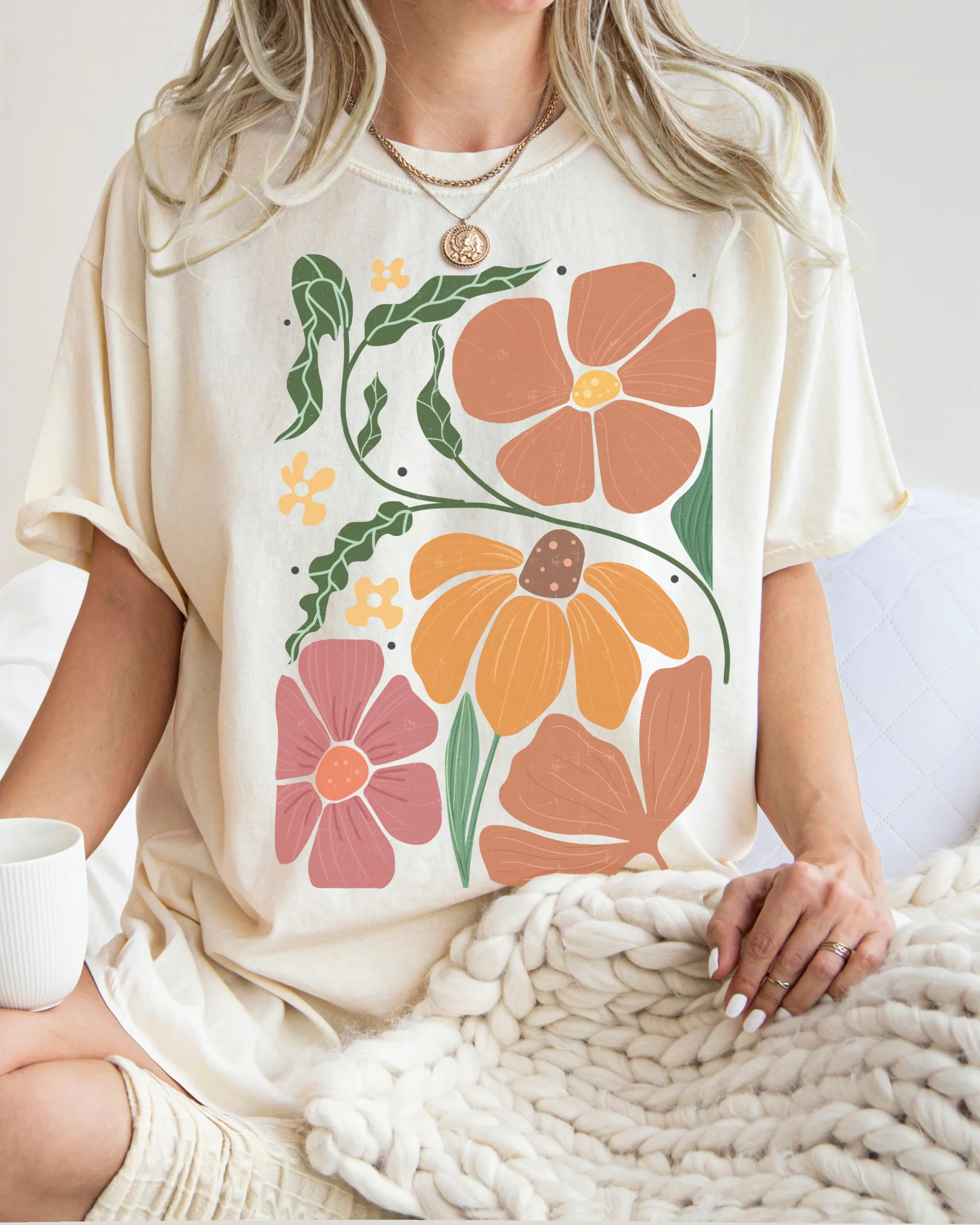 Abstract Boho Flowers Comfort Colors T-Shirt, Women's Boho Distressed-Look Design, Folk Art Design T-Shirt