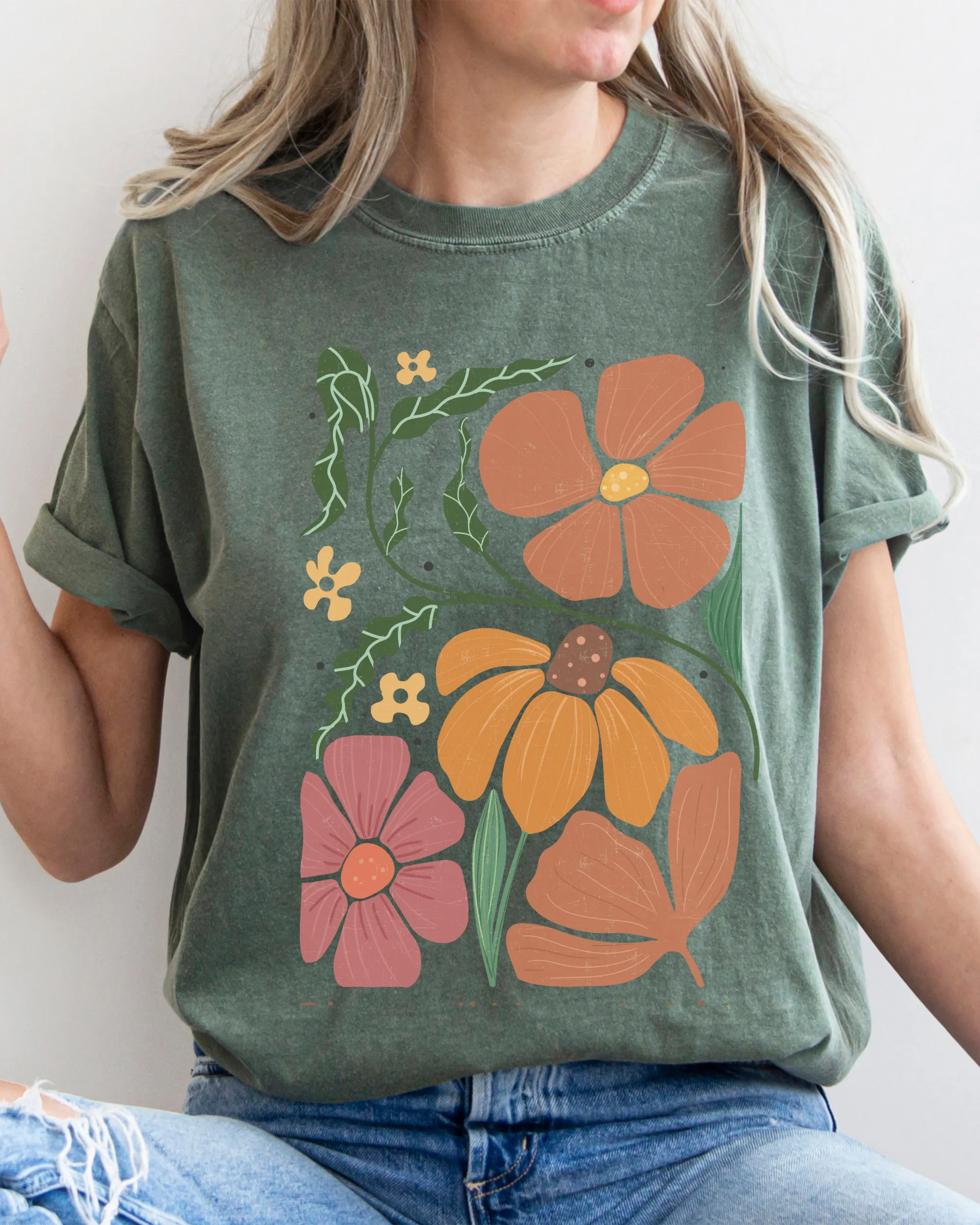 Abstract Boho Flowers Comfort Colors T-Shirt, Women's Boho Distressed-Look Design, Folk Art Design T-Shirt