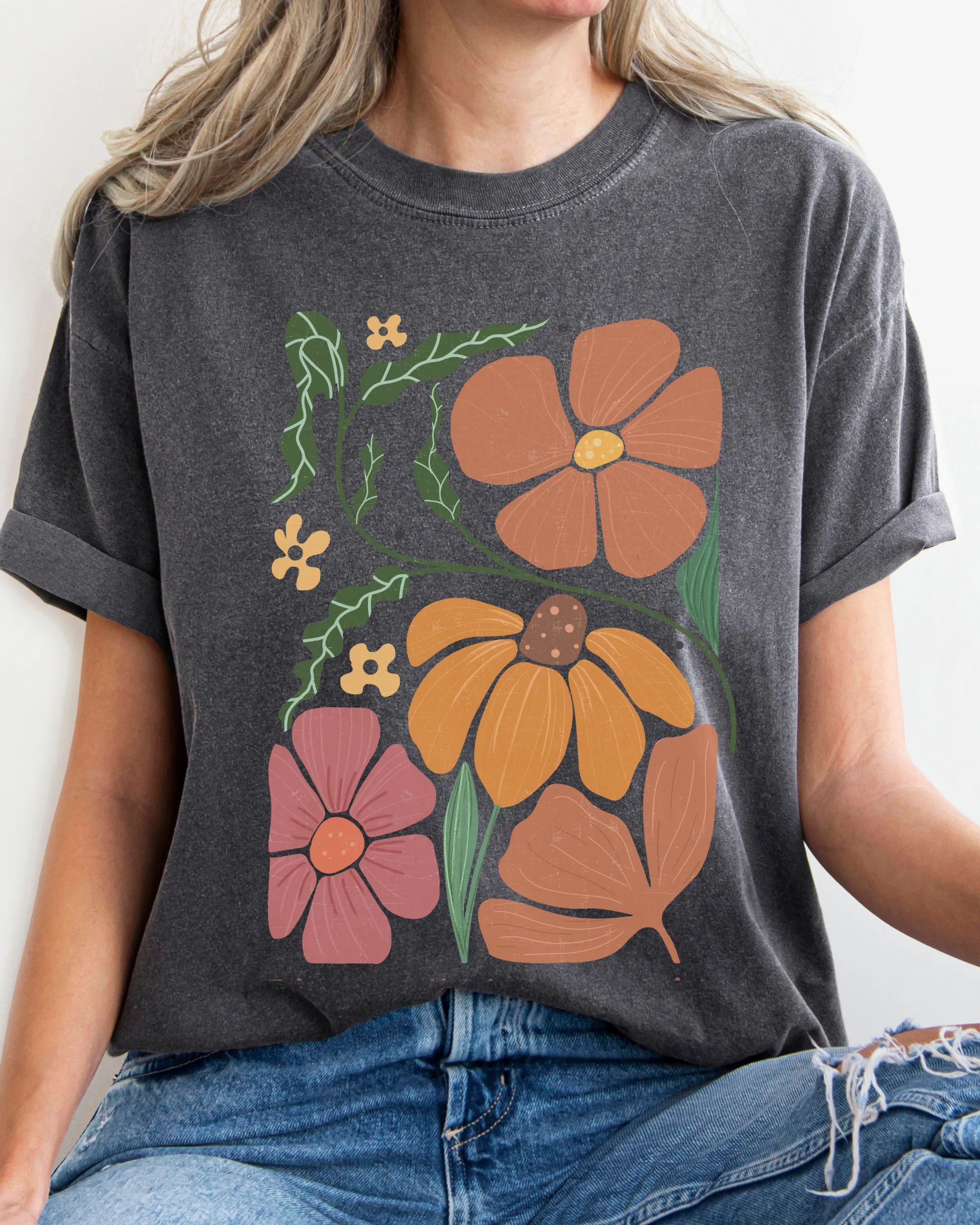 Abstract Boho Flowers Comfort Colors T-Shirt, Women's Boho Distressed-Look Design, Folk Art Design T-Shirt