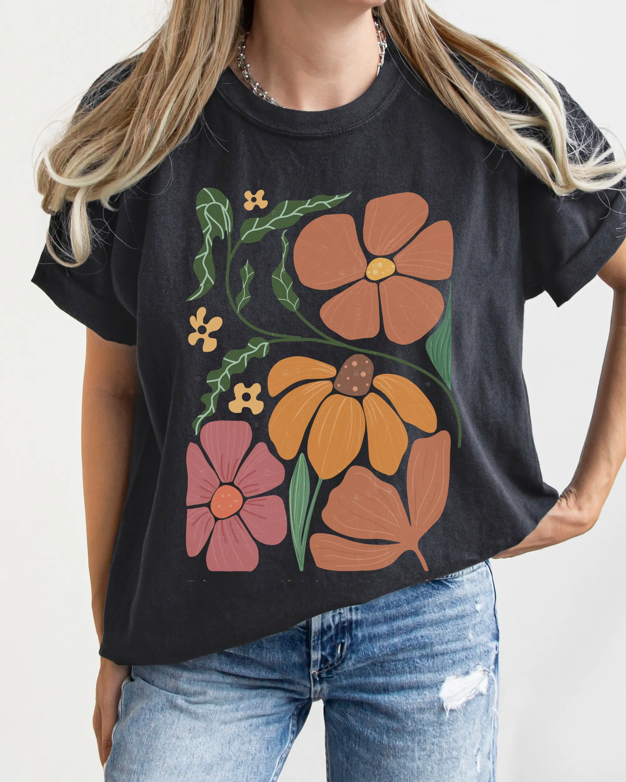 Abstract Boho Flowers Comfort Colors T-Shirt, Women's Boho Distressed-Look Design, Folk Art Design T-Shirt