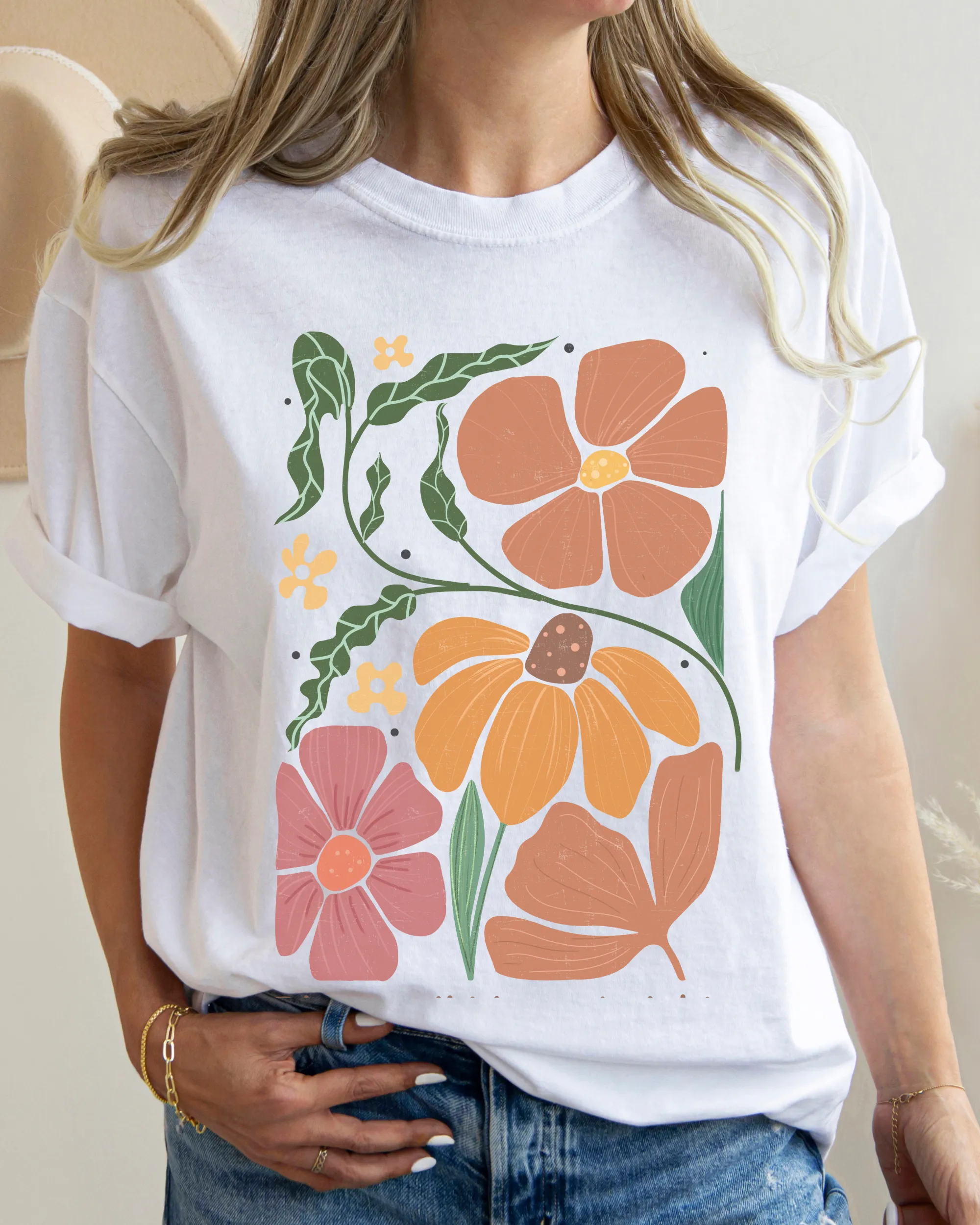 Abstract Boho Flowers Comfort Colors T-Shirt, Women's Boho Distressed-Look Design, Folk Art Design T-Shirt