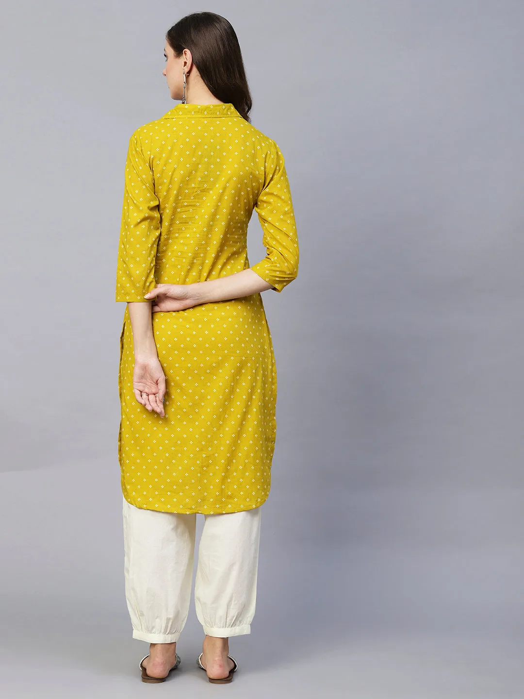 Abstract Printed Beads & Sequins Embroidered Kurta With Harem Pants - Mustard Green