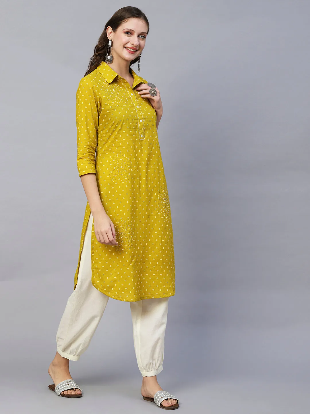 Abstract Printed Beads & Sequins Embroidered Kurta With Harem Pants - Mustard Green