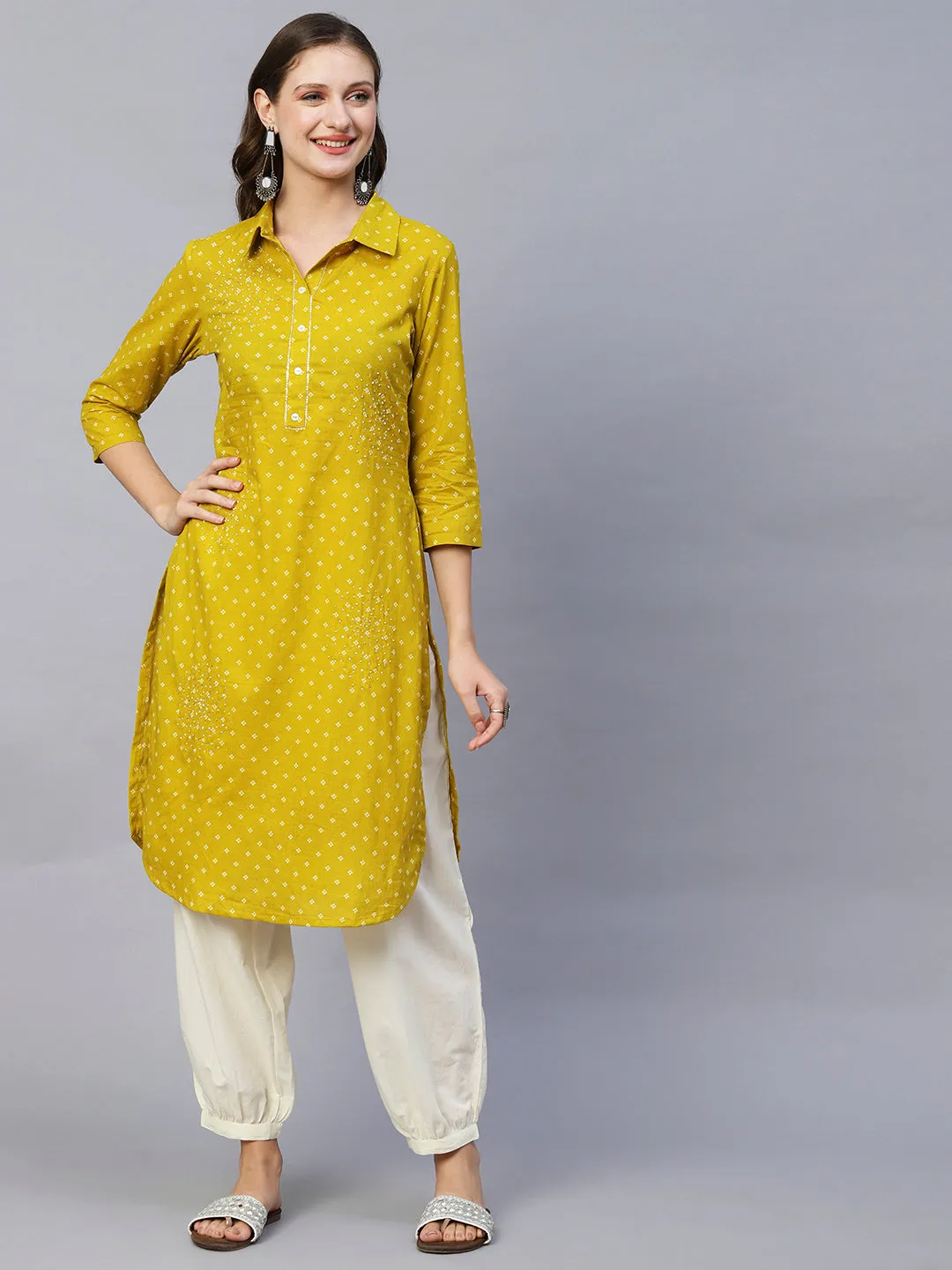 Abstract Printed Beads & Sequins Embroidered Kurta With Harem Pants - Mustard Green