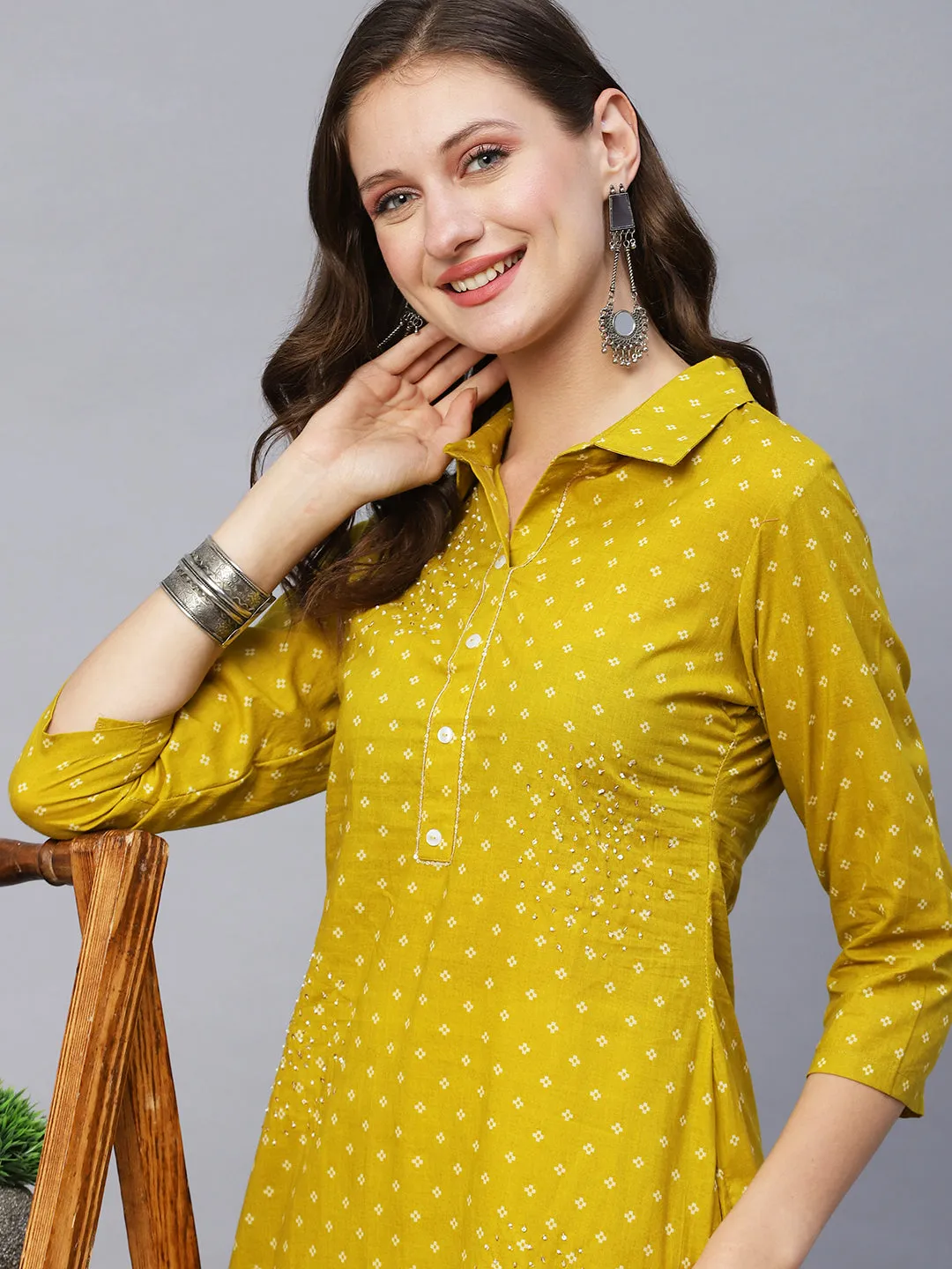 Abstract Printed Beads & Sequins Embroidered Kurta With Harem Pants - Mustard Green