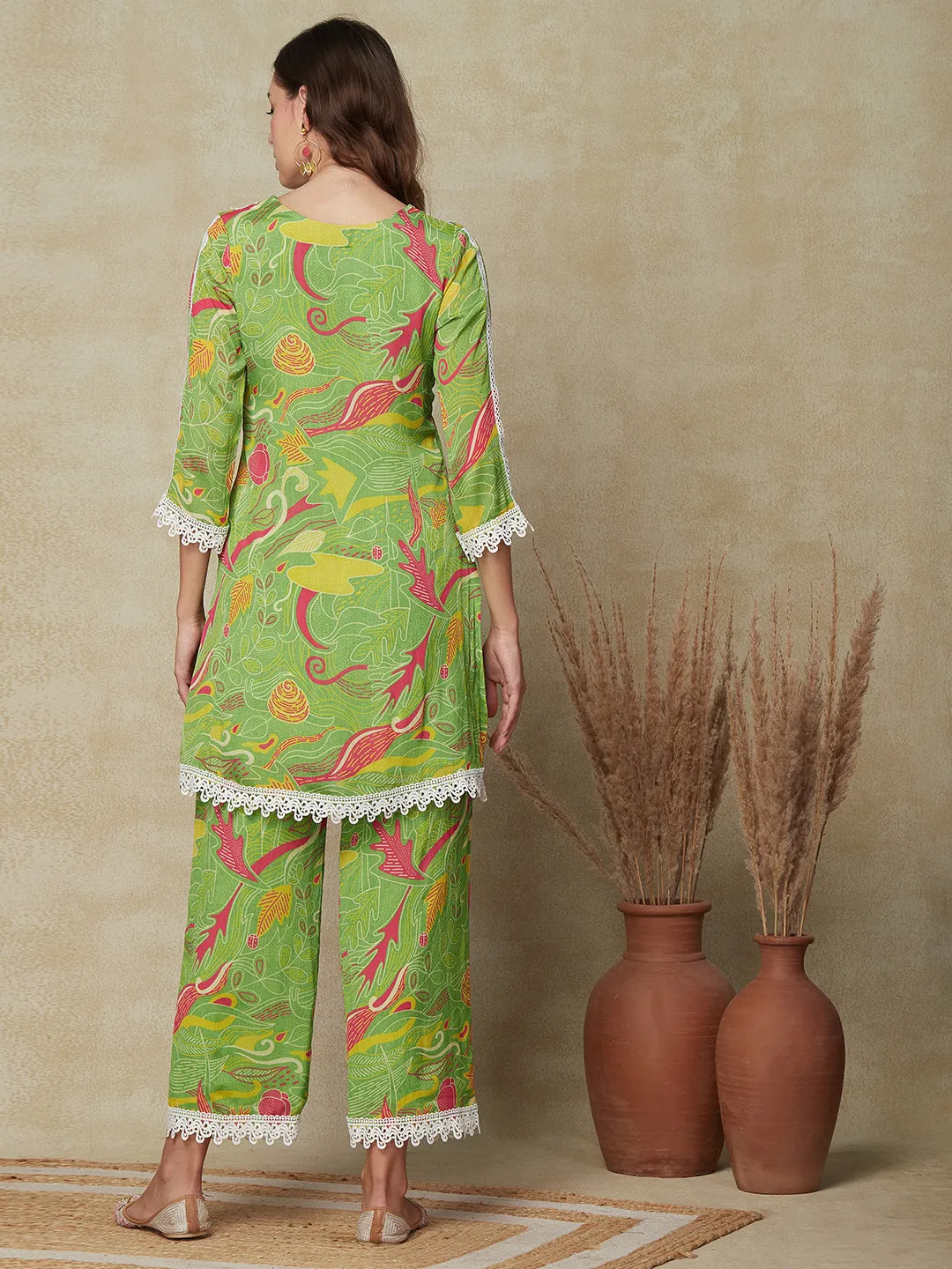 Abstract Printed Crochet Lace Embellished Kurta with Palazzo Pants - Green