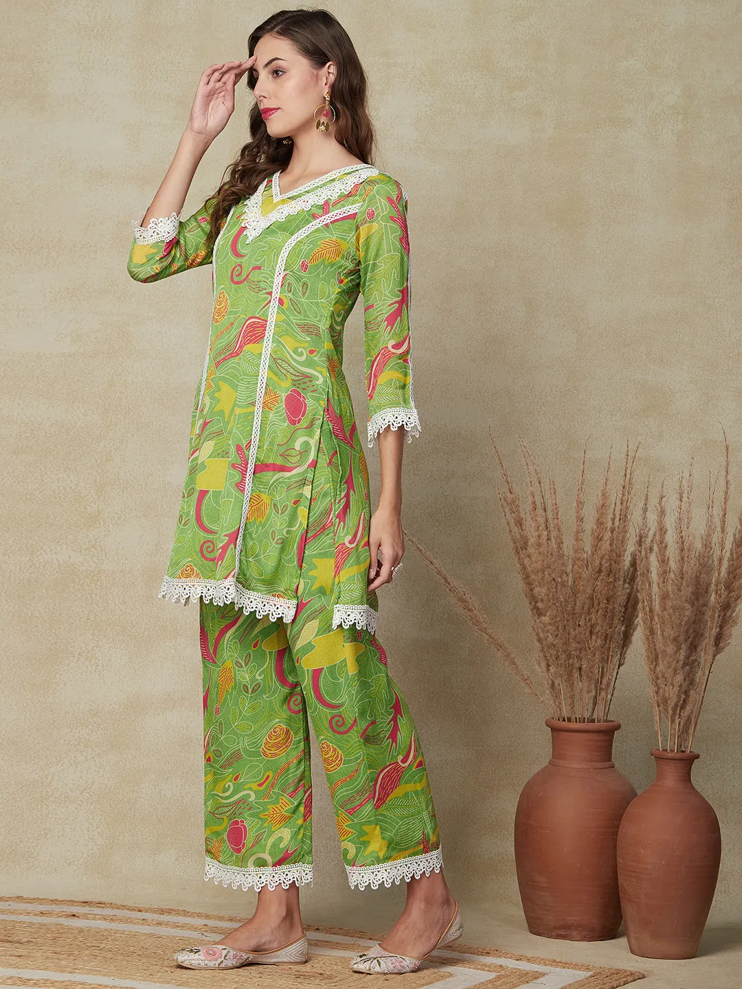 Abstract Printed Crochet Lace Embellished Kurta with Palazzo Pants - Green