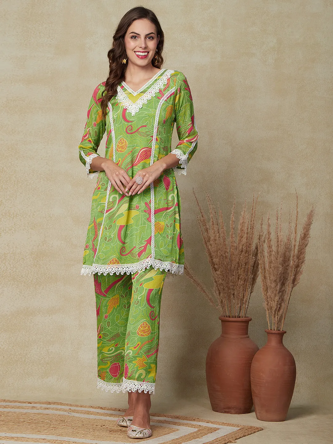 Abstract Printed Crochet Lace Embellished Kurta with Palazzo Pants - Green