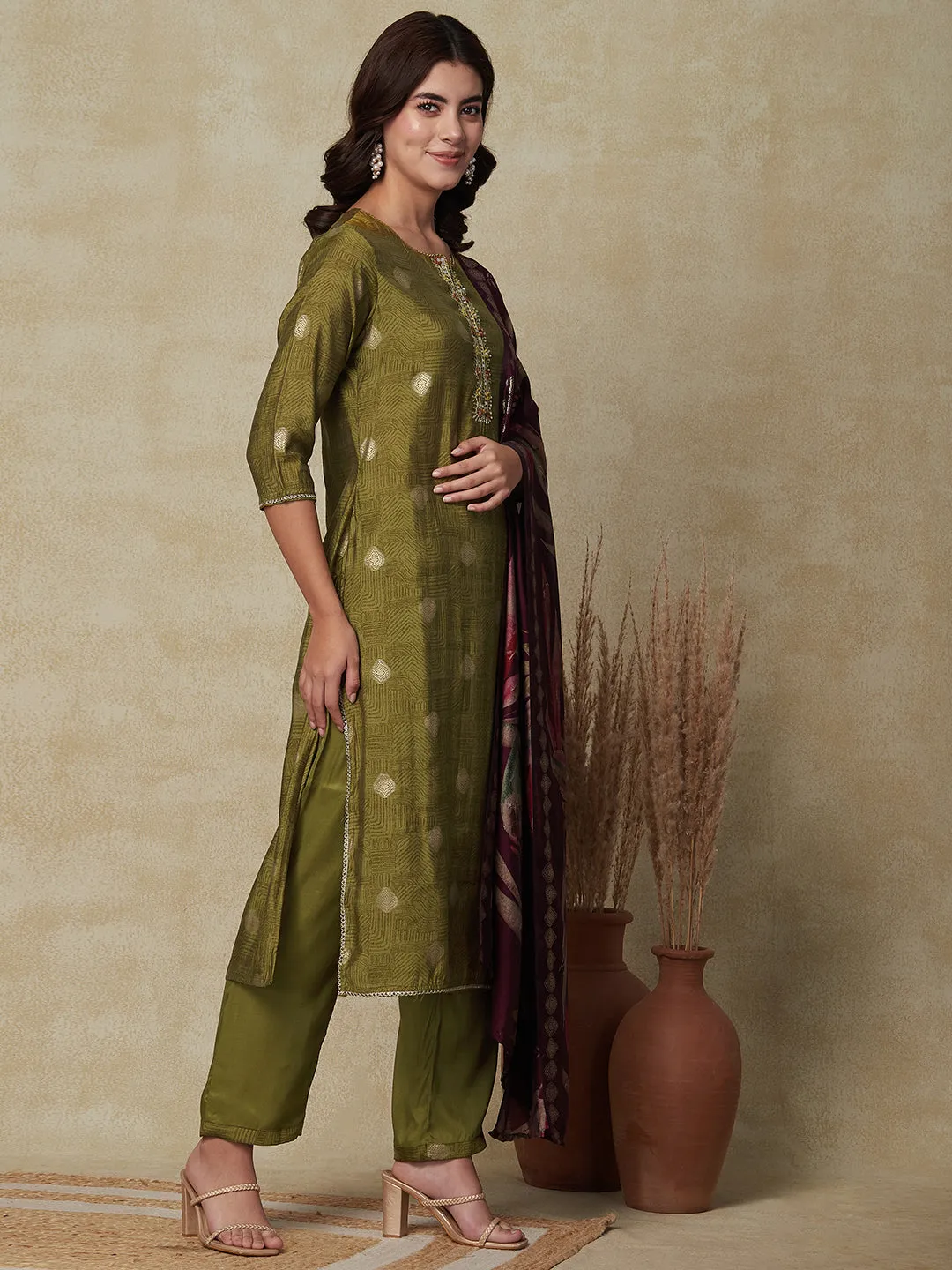 Abstract Printed Mirror & Zari Embroidered Kurta with Pants & Floral Dupatta - Olive