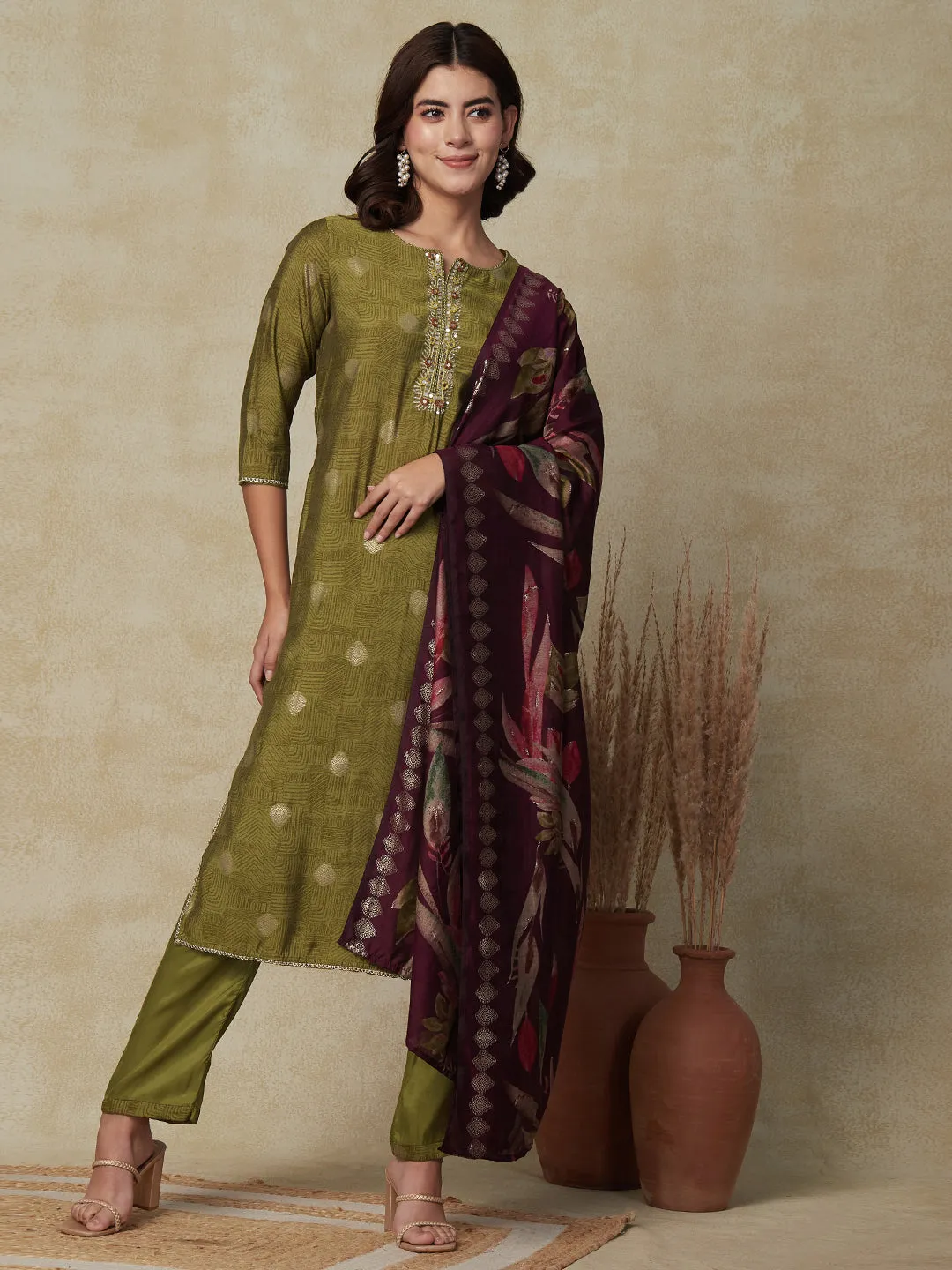 Abstract Printed Mirror & Zari Embroidered Kurta with Pants & Floral Dupatta - Olive