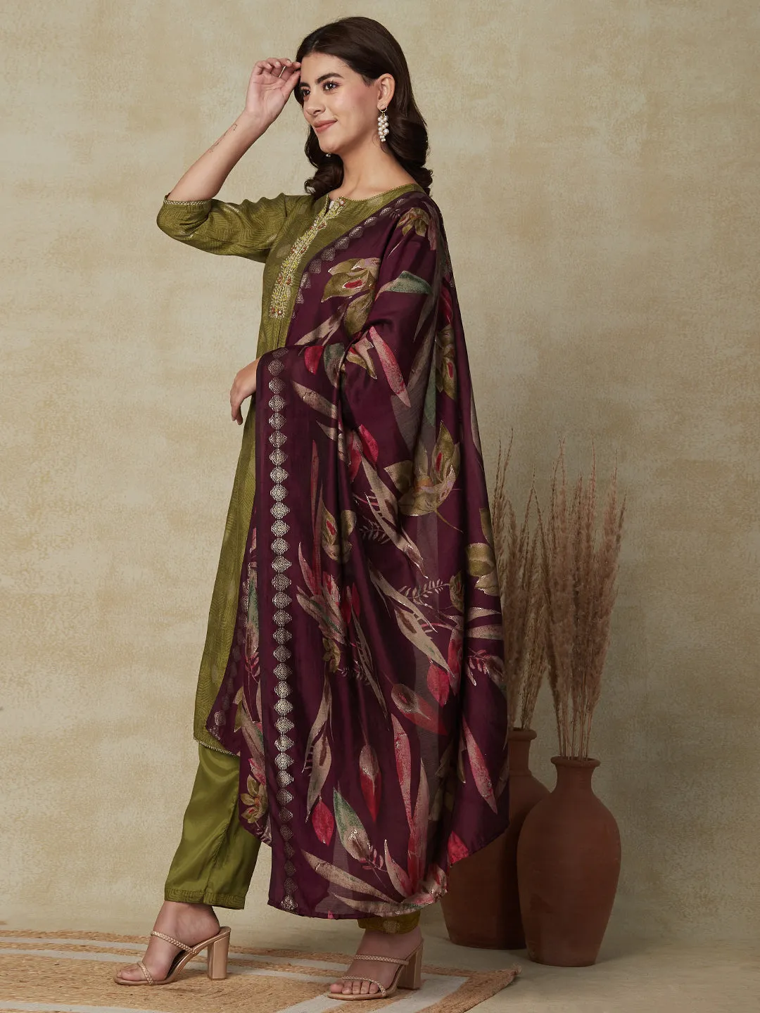 Abstract Printed Mirror & Zari Embroidered Kurta with Pants & Floral Dupatta - Olive