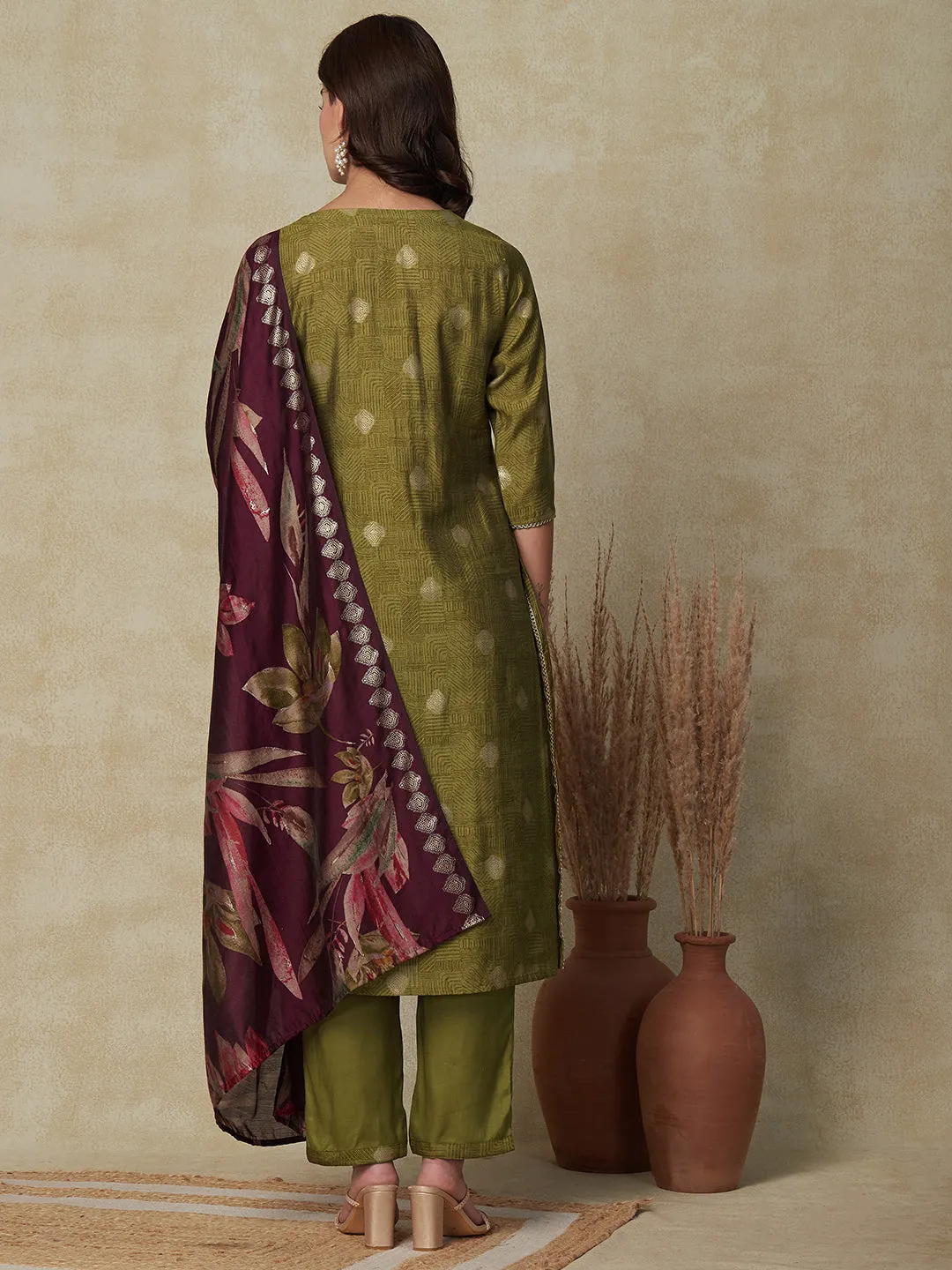 Abstract Printed Mirror & Zari Embroidered Kurta with Pants & Floral Dupatta - Olive