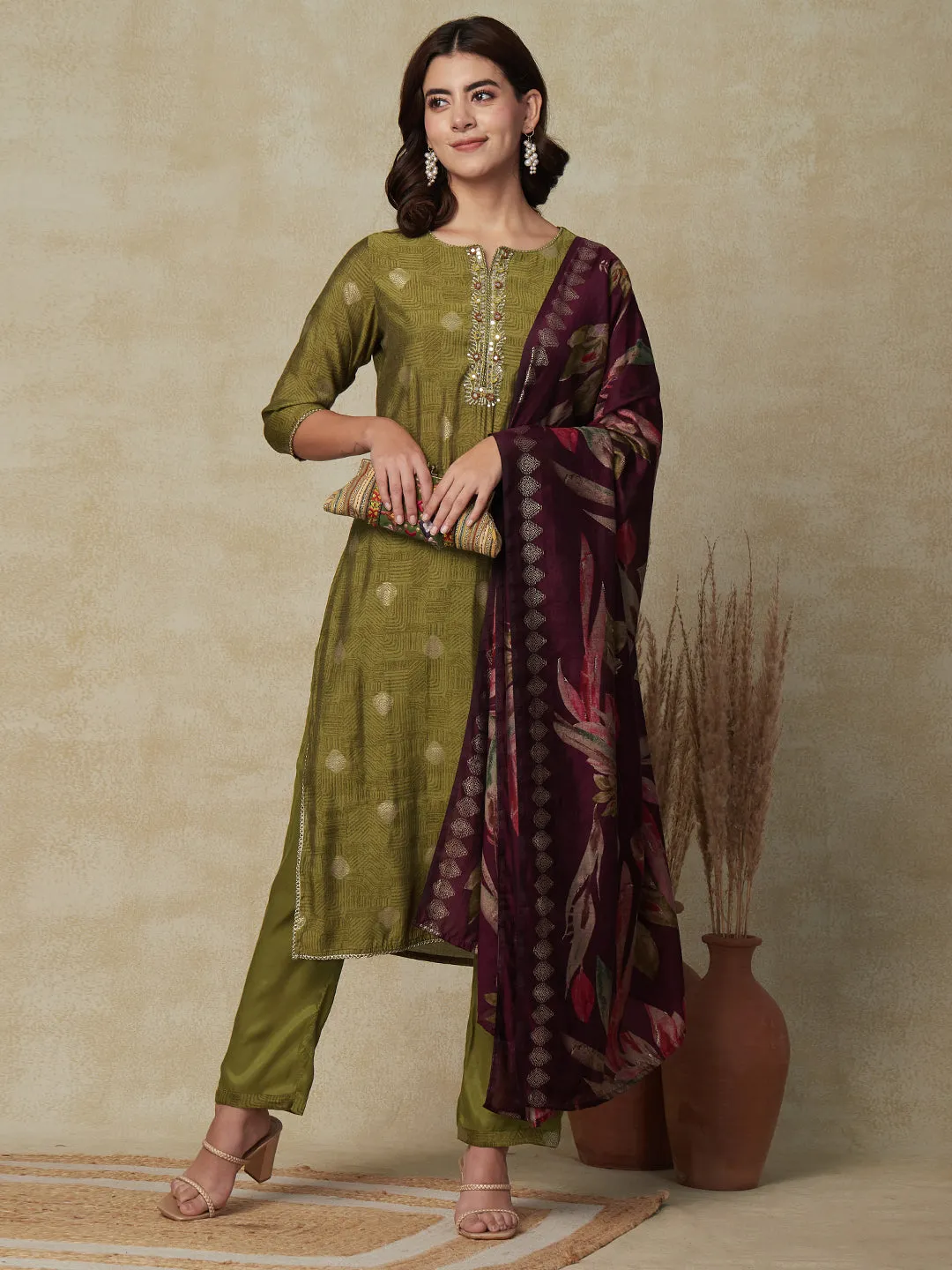 Abstract Printed Mirror & Zari Embroidered Kurta with Pants & Floral Dupatta - Olive