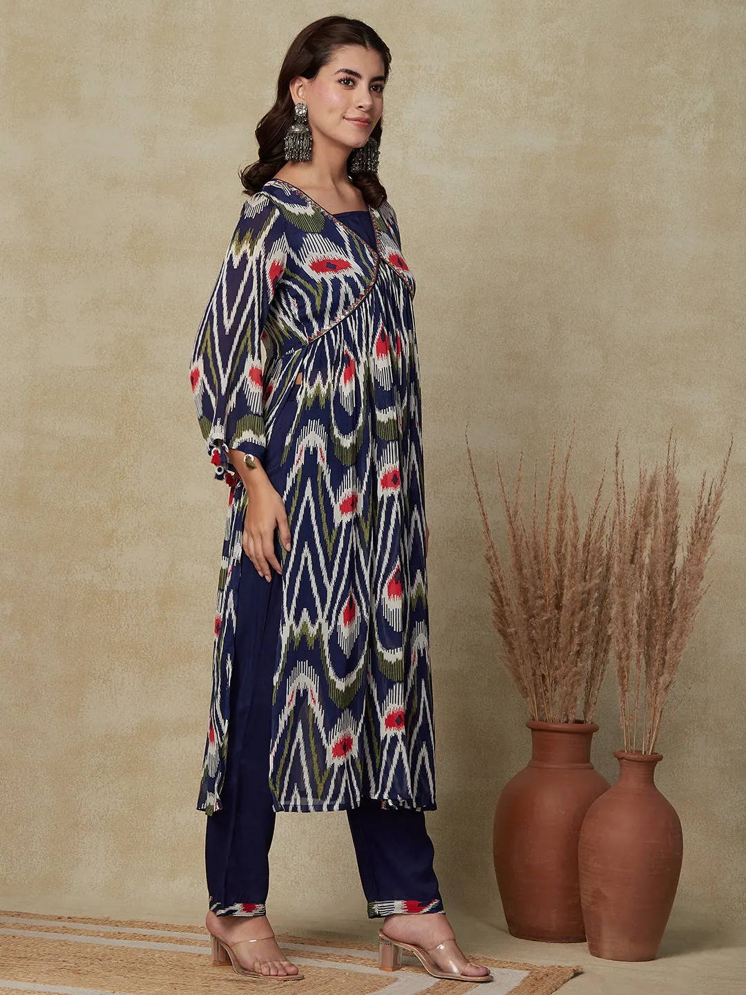 Abstract Printed Mirror Embroidered High Slit Kurta with Inner & Pants - Blue