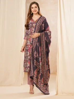 Abstract Printed Mirror Embroidered kurta with Pants & Dupatta - Purple