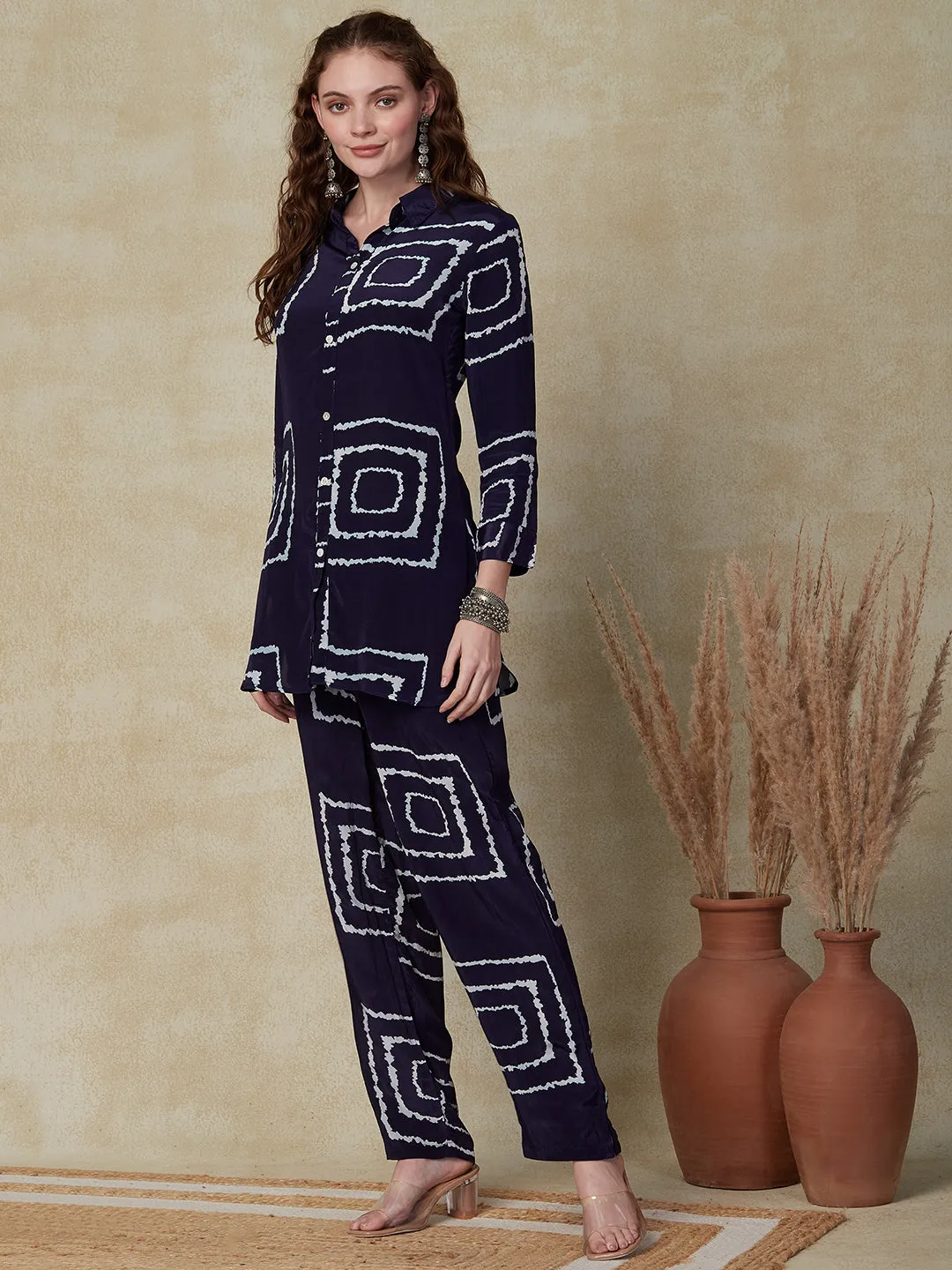 Abstract Printed Mother-of-Pearl Buttoned Shirt With Pants Indo-Western Co-ord Set - Blue