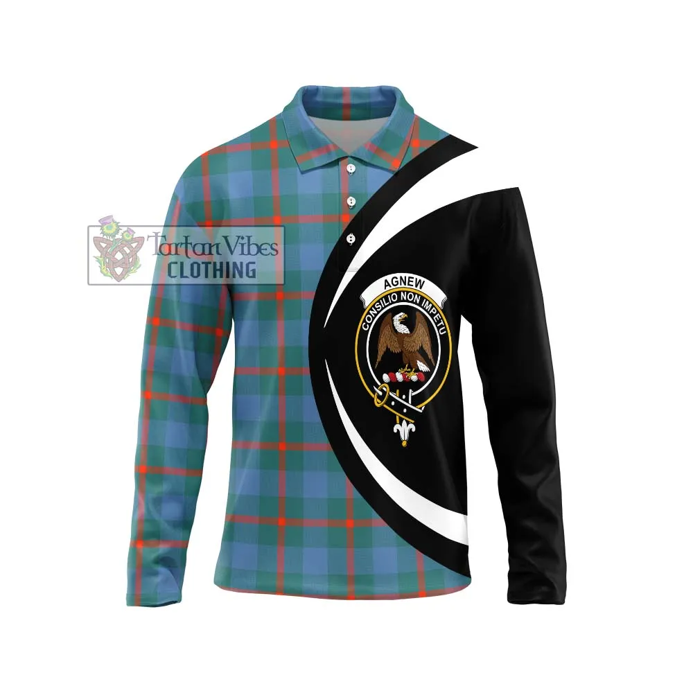 Agnew Ancient Tartan Long Sleeve Polo Shirt with Family Crest Circle Style