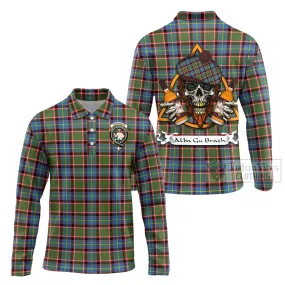 Aikenhead Tartan Long Sleeve Polo Shirt with Family Crest and Bearded Skull Holding Bottles of Whiskey