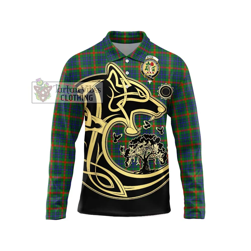 Aiton Tartan Long Sleeve Polo Shirt with Family Crest Celtic Wolf Style