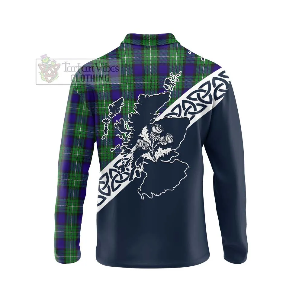 Alexander Tartan Long Sleeve Polo Shirt Featuring Thistle and Scotland Map