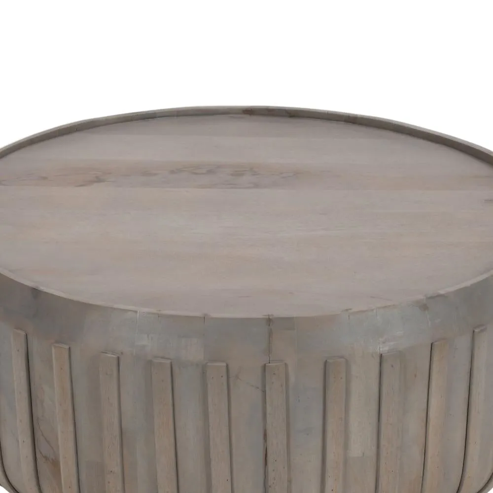 Alisha 36 Inch Coffee Table, Handcrafted Drum Shape with Ribbed Edges, Gray Mango Wood  The Urban Port