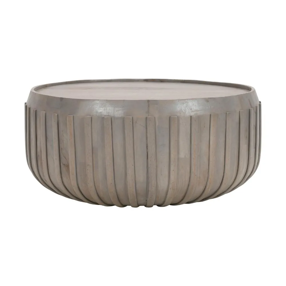 Alisha 36 Inch Coffee Table, Handcrafted Drum Shape with Ribbed Edges, Gray Mango Wood  The Urban Port