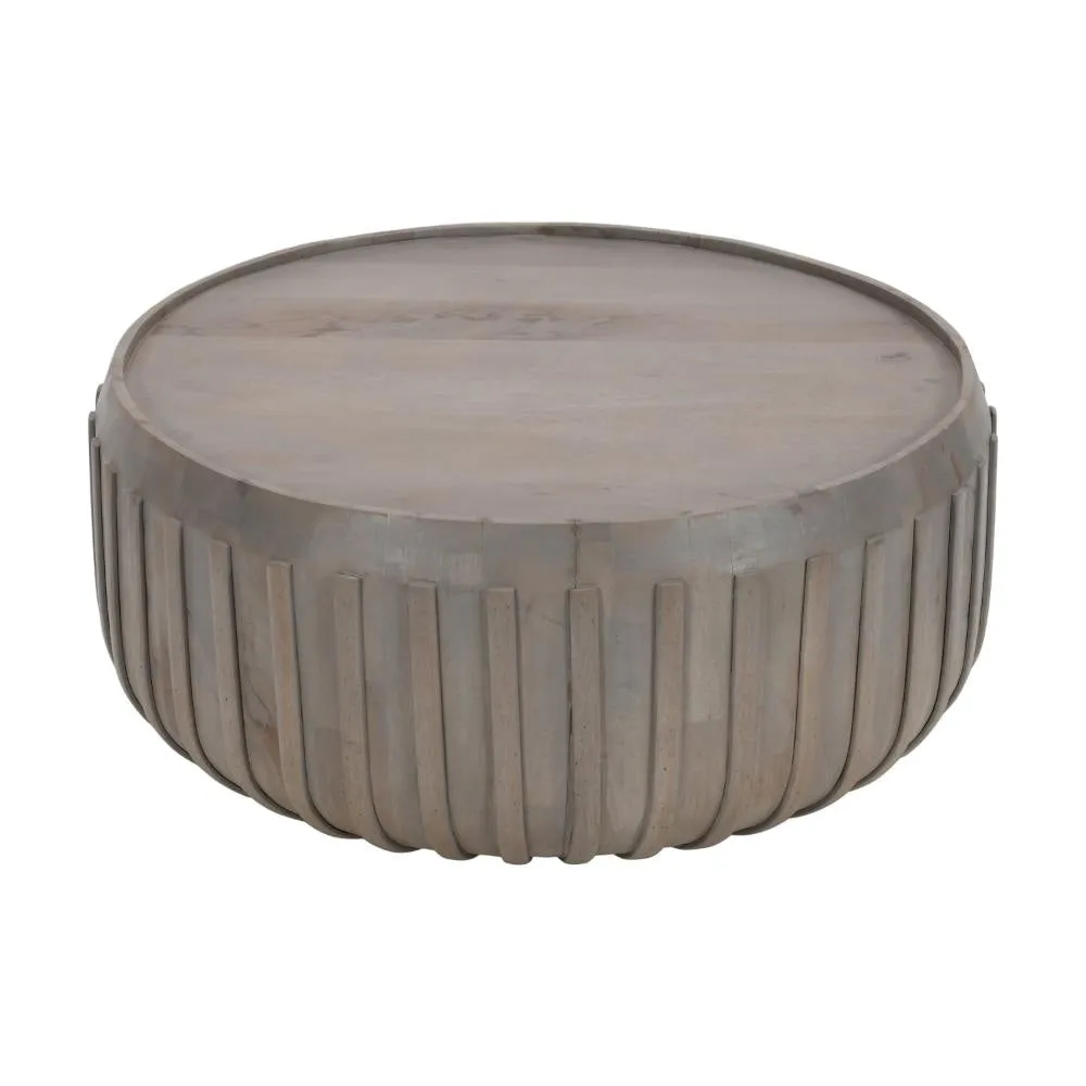 Alisha 36 Inch Coffee Table, Handcrafted Drum Shape with Ribbed Edges, Gray Mango Wood  The Urban Port