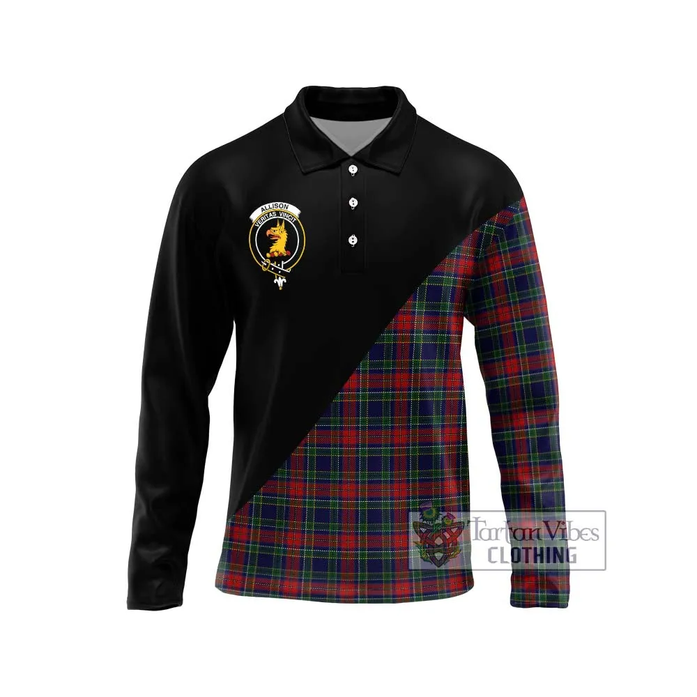 Allison Red Tartan Long Sleeve Polo Shirt with Family Crest and Military Logo Style