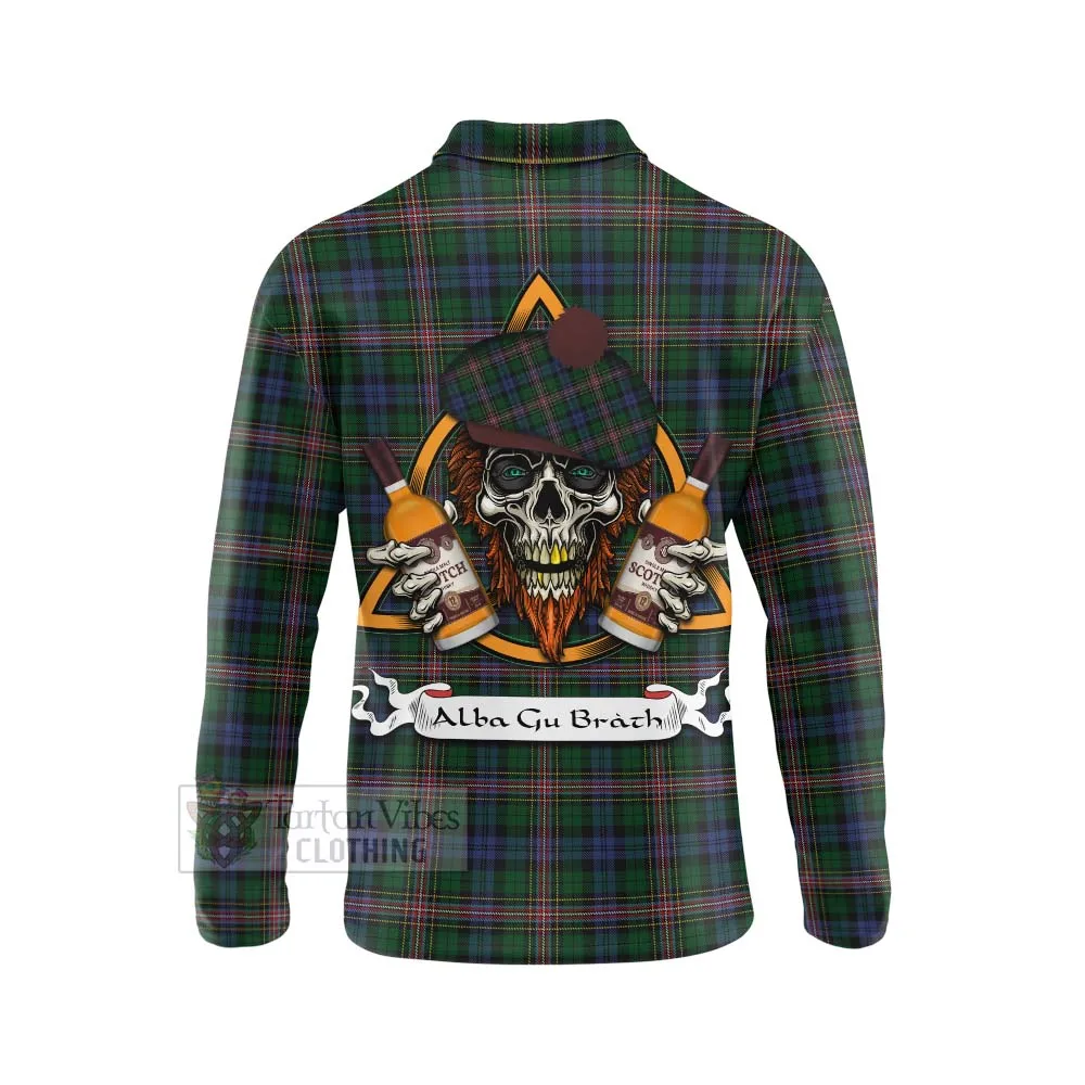 Allison Tartan Long Sleeve Polo Shirt with Family Crest and Bearded Skull Holding Bottles of Whiskey