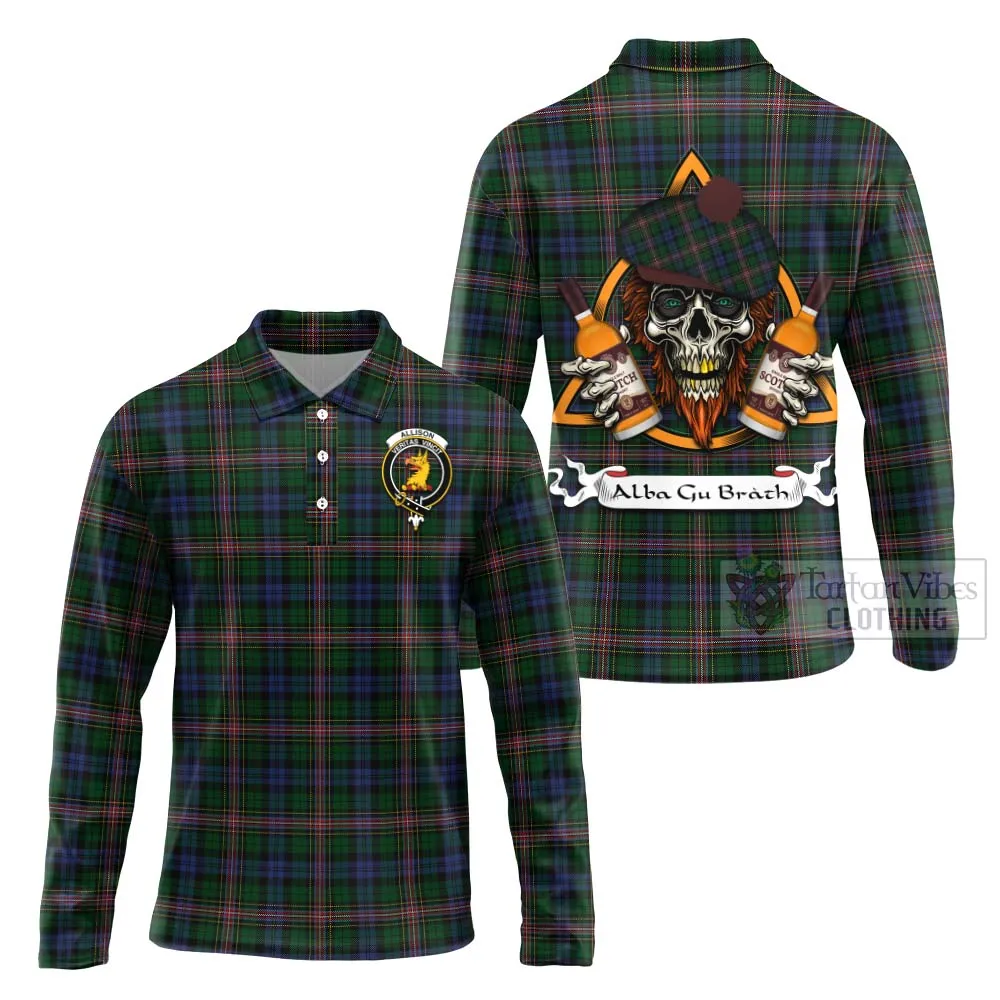 Allison Tartan Long Sleeve Polo Shirt with Family Crest and Bearded Skull Holding Bottles of Whiskey