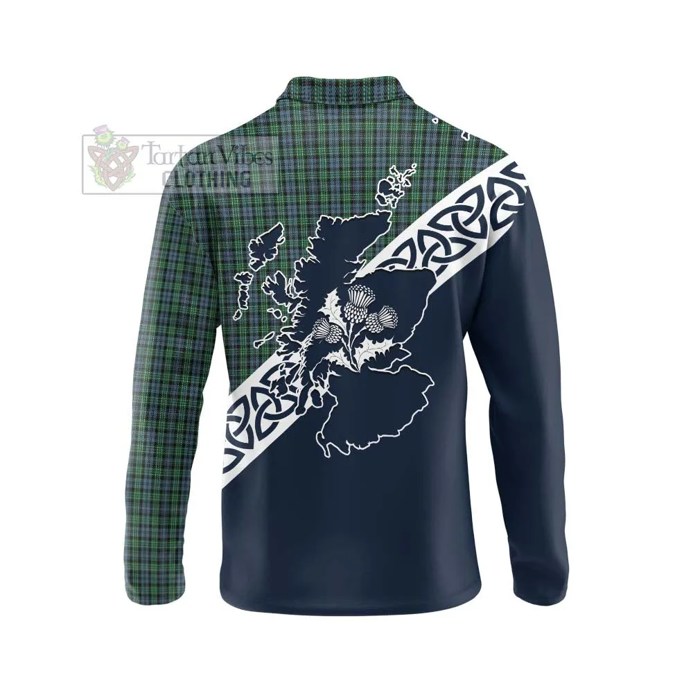 Arbuthnot Tartan Long Sleeve Polo Shirt Featuring Thistle and Scotland Map