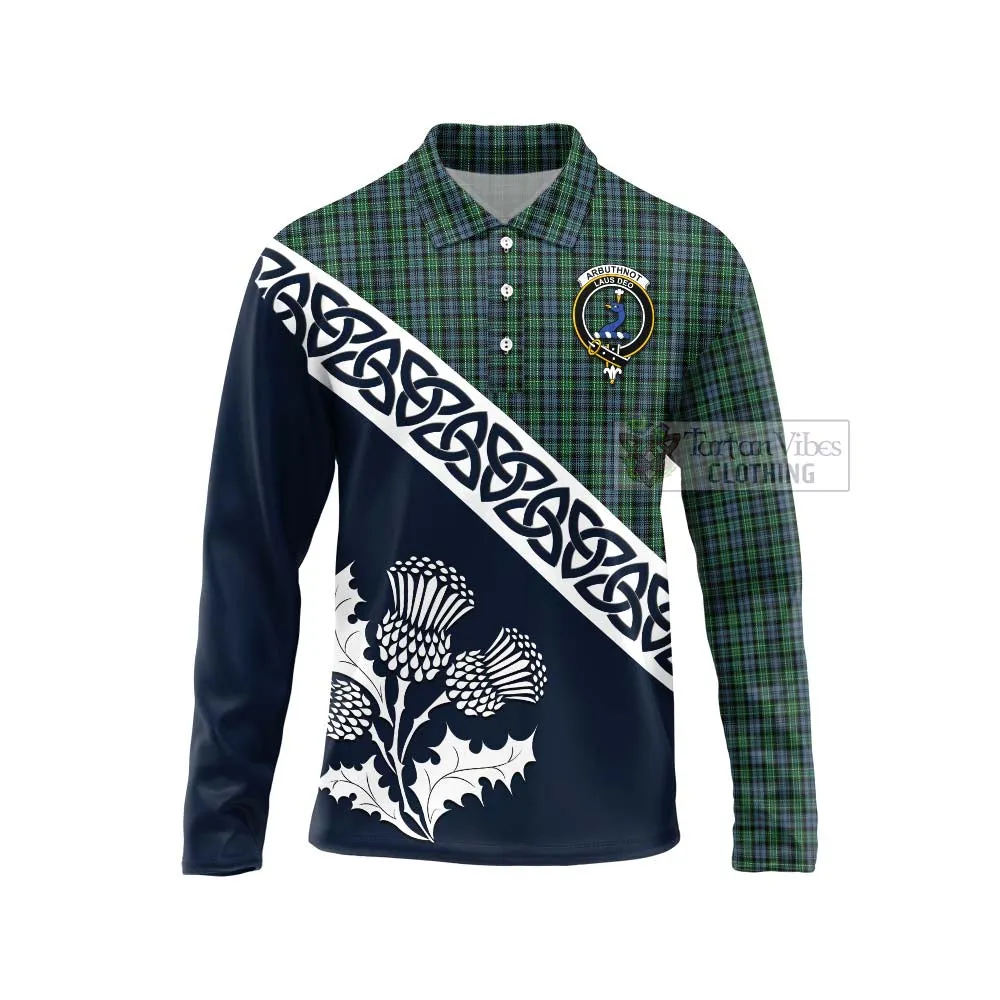 Arbuthnot Tartan Long Sleeve Polo Shirt Featuring Thistle and Scotland Map