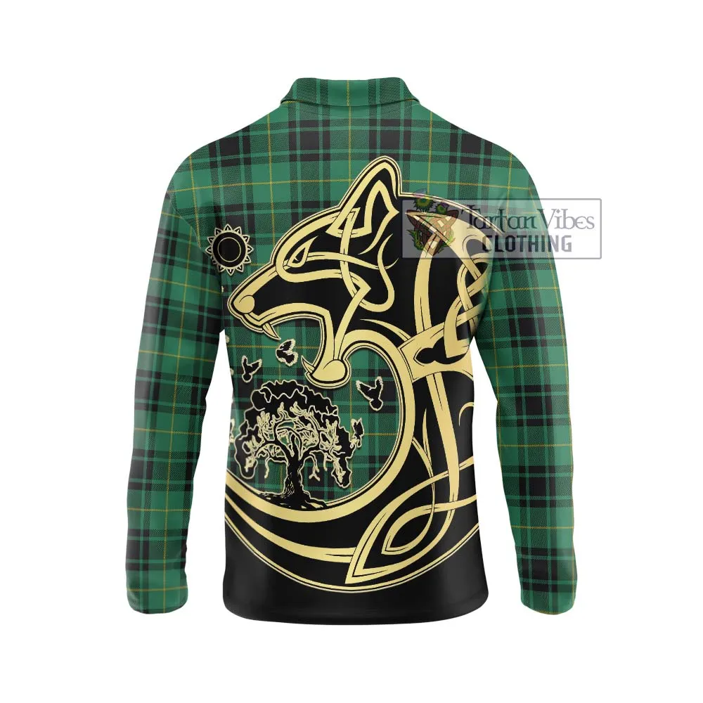 Arthur Ancient Tartan Long Sleeve Polo Shirt with Family Crest Celtic Wolf Style