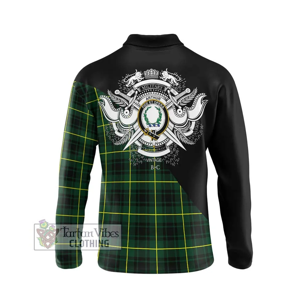 Arthur Modern Tartan Long Sleeve Polo Shirt with Family Crest and Military Logo Style