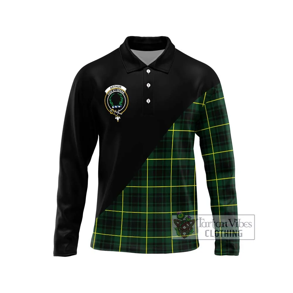 Arthur Modern Tartan Long Sleeve Polo Shirt with Family Crest and Military Logo Style