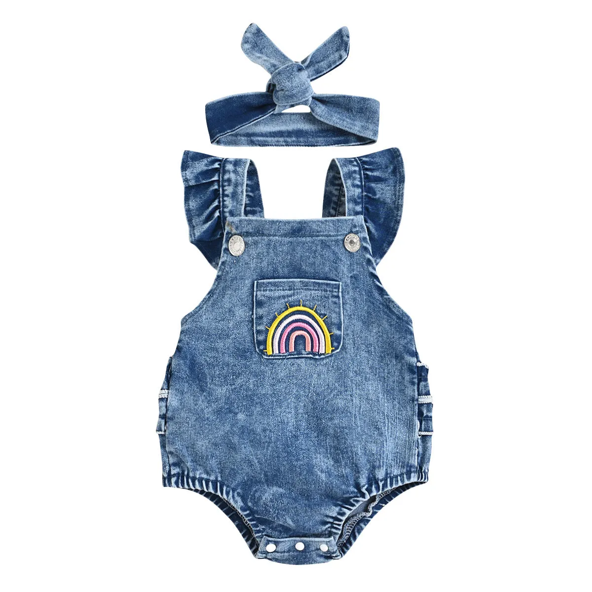 Baby Girl Denim Rainbow Printing Romper Apron Headscarf Two-piece Set